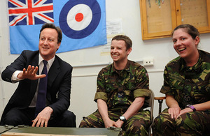 David Cameron talks with RAF ground crew at Gioia del Colle
