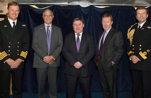 From left: Captain Andrew Burns, Michael Aron, Mark Francois, Lieutenant General David Capewell and Commodore Paddy McAlpine [Picture: Leading Airman (Photographer) Arron Hoare, Crown copyright]