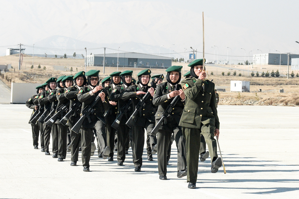 Female officer cadets march at the graduation ceremony