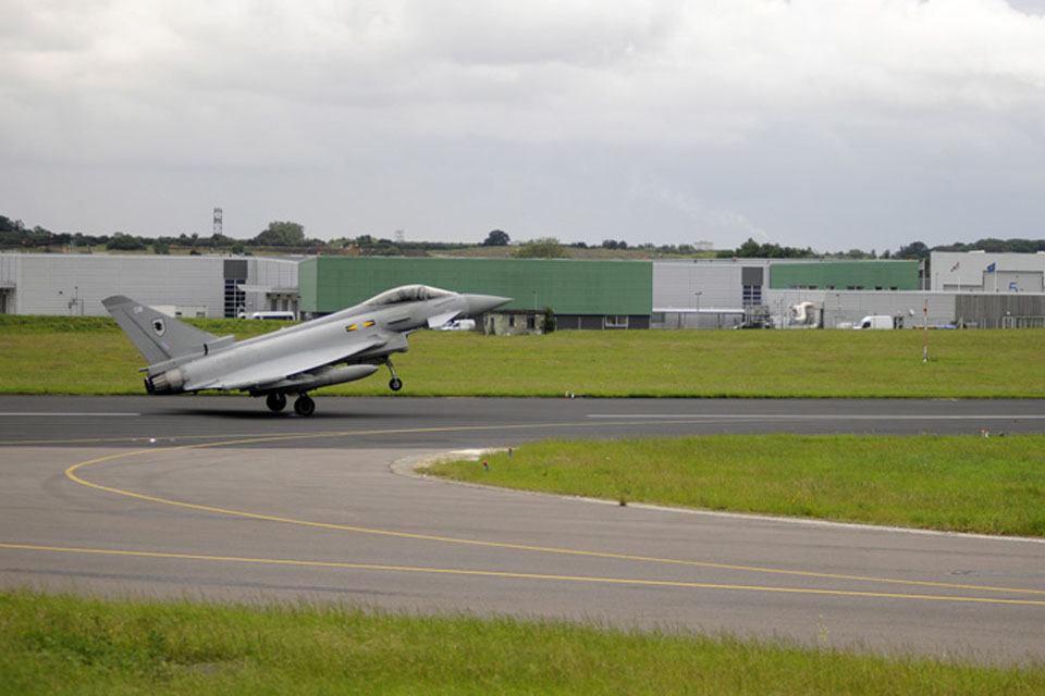 An RAF Typhoon touches down at RAF Northolt 