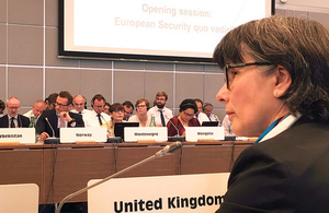 HMA Sian MacLeod delivers the UK statement to the OSCE Annual Security Review Conference opening session