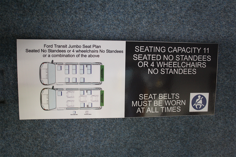 Sign showing the number of passengers allowed to stand and seating position.