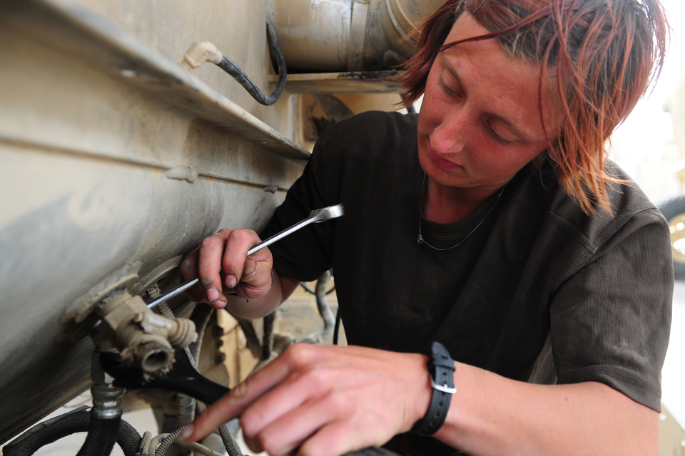 A Royal Electrical and Mechanical Engineers vehicle mechanic 