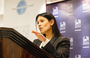 Priti Patel speaking at a Freedom Fund event ahead of International Day for the Abolition of Slavery. Picture: Rahil Ahmad/Freedom Fund