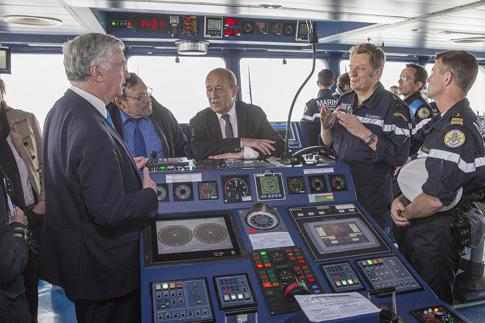 Michael Fallon and Jean-Yves Le Drian on FS Dixmude. Crown Copyright. 