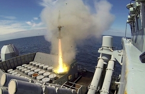 A Sea Wolf surface to air missile leaves the launcher onboard Type 23 frigate HMS Montrose during an exercise.