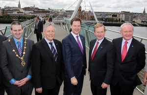 The Mayor of Derry, Councillor Martin Reilly, Northern Ireland First Minister Peter Robinson, Deputy Prime Minister Nick Clegg, Irish Taoiseach Enda Kenny and Deputy First Minister Martin McGuinness on the Peace Bridge in Londonderry following the British