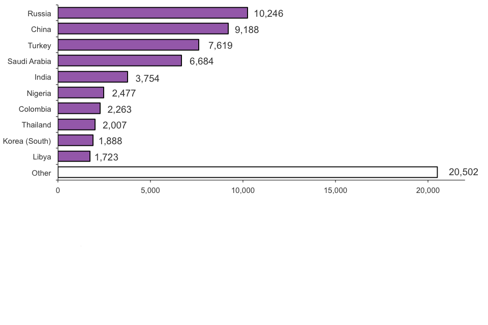 The chart shows student visitor visas issued by nationality for 2012. The chart is based on data in Table be 06 q s.