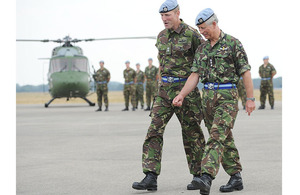 His Royal Highness The Prince of Wales (right) is greeted by the Commanding Officer of 1st Regiment Army Air Corps, Lieutenant Colonel James Anderson, on his arrival at Princess Royal Barracks in Gutersloh [Picture: SSgt Ian Houlding RLC, Crown Copyright
