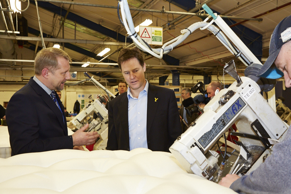 Nick Clegg at bed manufacturing company Harrison Spinks