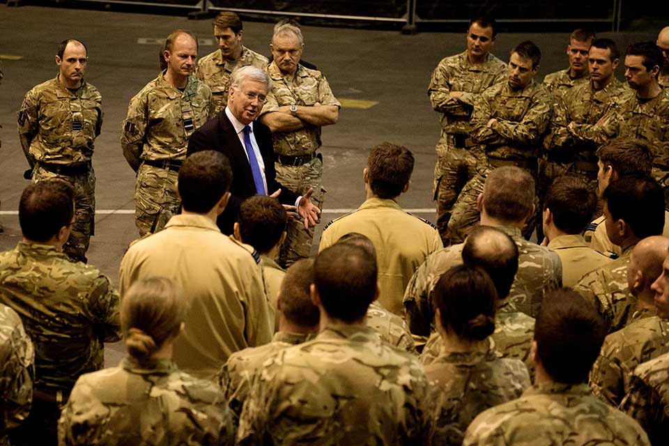 Michael Fallon speaks to UK military personnel during a trip to RAF Akrotiri [Picture: Corporal Lee Goddard RAF, Crown copyright]