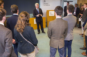 Addressing a group of would-be officers, Defence Secretary Sir Michael Fallon today revealed that nearly a third of serving officers have progressed from the lower ranks. Crown Copyright.