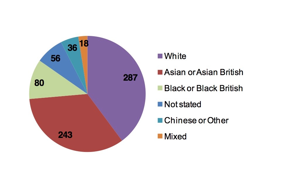 White 287, Asian or Asian British 243, Black or Black British 80, not stated 56, Chinese or other 36, Mixed 18. 