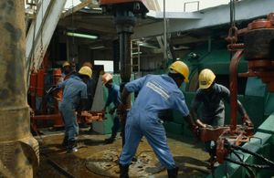 West Africa Rivers State Petroleum Industry Workers on oil rig drilling platform, Nigeria