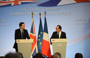 Prime Minister and President Hollande speaking at the UK-France Summit 2016.