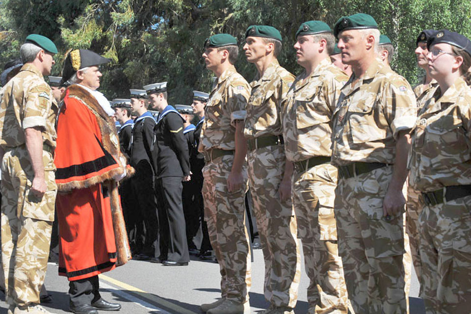The Mayor of Yeovil, Councillor Philip Chandler, and the Commanding Officer of RNAS Yeovilton, Brigadier Mark Noble, Royal Marines, inspect the Guard