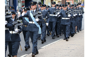 RAF reservists of 504 (County of Nottingham) Squadron march through Hucknall in Nottinghamshire