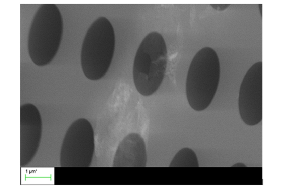 Figure 2: Scanning electron microscopy image of a graphene membrane transferred on a Si3N4 [Courtesy of Professor Sergey Kubatkin, Chalmers University]