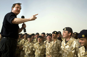 Prime Minister David Cameron speaking to British troops in Afghanistan
