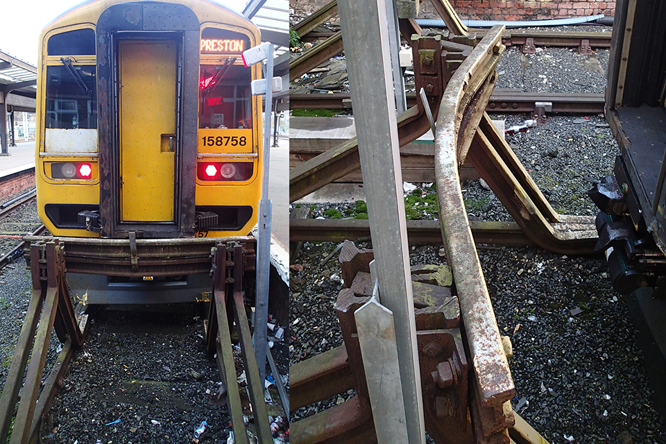 Two images showing a front view of the train with driving cab to the right of gangway; and the deformation in buffer stop beam after the collision
