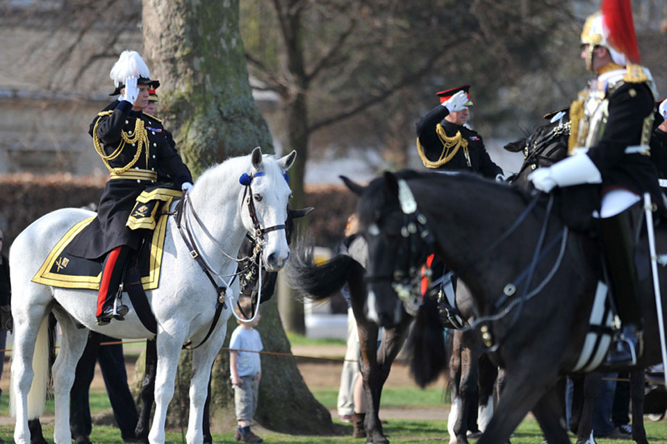 General Salute during the Household Cavalry Mounted Regiment's march past Major General George Norton in Hyde Park