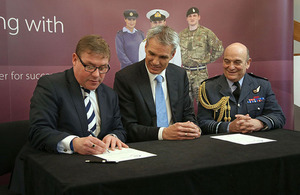 Armed Forces Minister Mark Francois, Jeroen Hoencamp, Vodafone UK CEO and Vice Chief of the Defence Staff, Air Chief Marshall Sir Stuart Peach