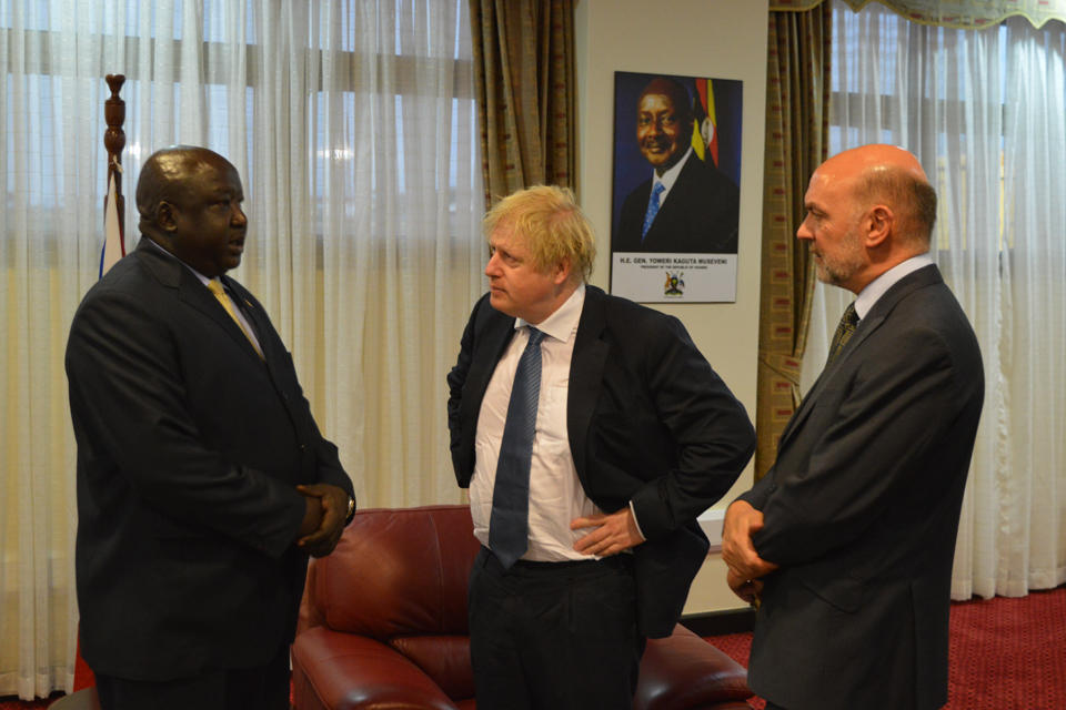 Foreign Secretary Rt Hon Boris Johnson meets with State Minister for Foreign Affairs Hon Okello Oryem during his visit to Uganda