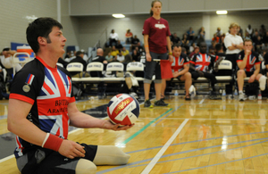 Capt Dave Henson of the UK Team participates in a sitting volleyball game during the 2012 Warrior Games in Colorado Springs, CO