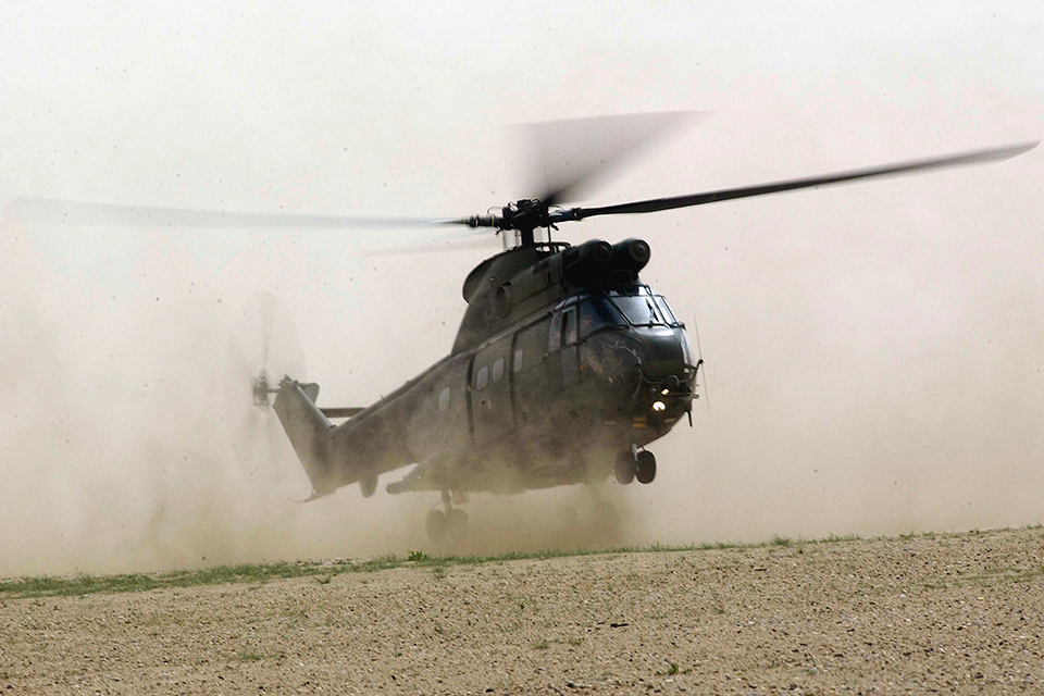 Puma helicopter providing support on operations in the Middle East.