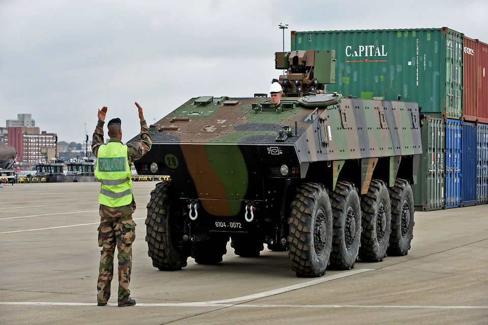 Troops and vehicles from France arrive in the UK to deploy on Exercise Griffin Strike. Crown Copyright.