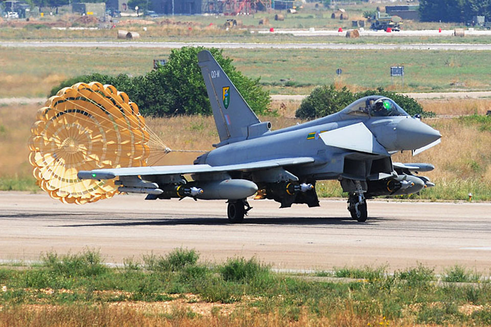 An RAF Typhoon from 3 (Fighter) Squadron with its brake chute deployed at Gioia del Colle air base in southern Italy 