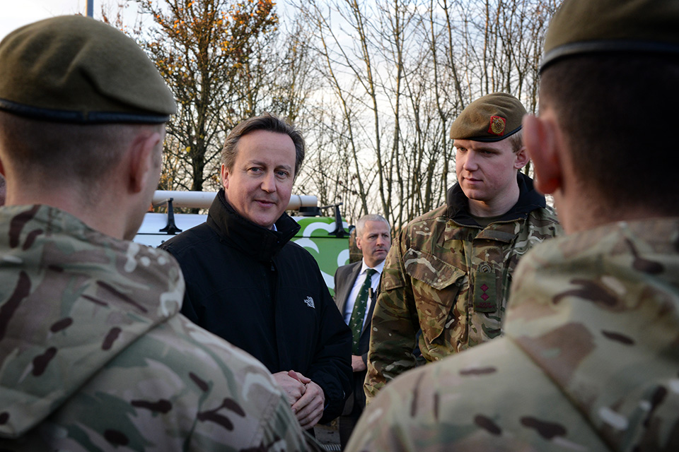 The Prime Minister David Cameron with elements of 5 and 6 Platoon, Blenheim Company, 2nd Battalion The Duke of Lancasters Regiment. 