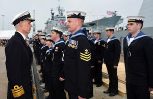 Vice Admiral Sir Alan Massey inspects members of HMS Defender's ship's company [Picture: Leading Airman (Photographer) Ben Sutton, Crown copyright]