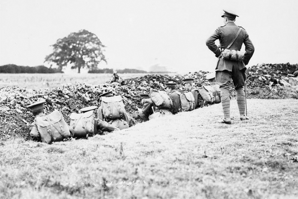 British soldiers manning a trench during training in September 1915