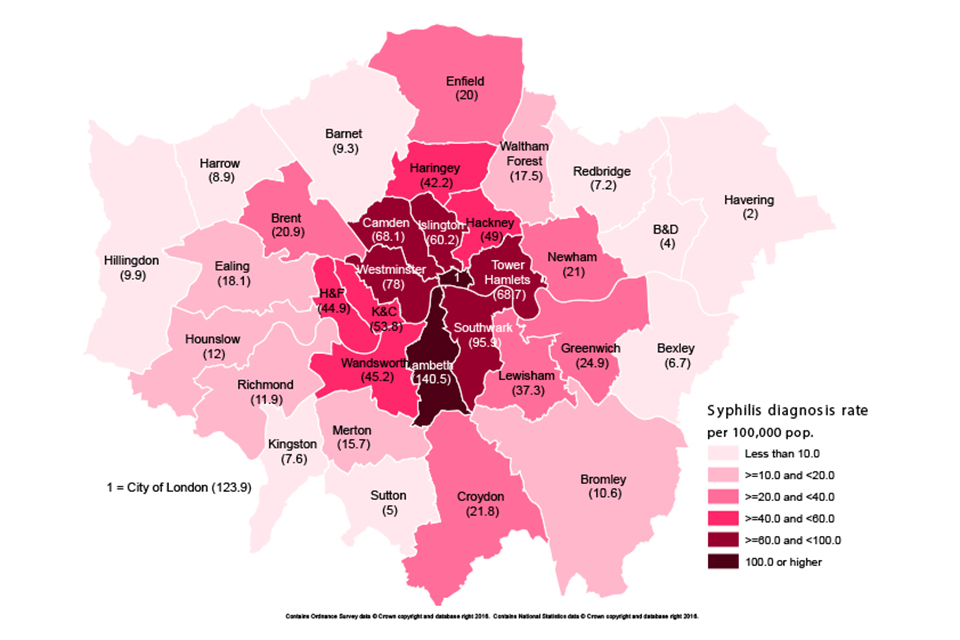 Map of syphilis rates per 100,000 residents by local authority in London (2015)