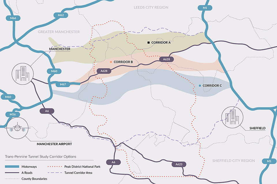 Map of trans Pennine tunnel options