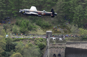 The Royal Air Force Battle of Britain Memorial Flight's Lancaster bomber sweeps low over the Derwent Reservoir in Derbyshire to commemorate the 70th anniversary of the Dams Raid [Picture: Senior Aircraftwoman Helen Farrer, Crown copyright]