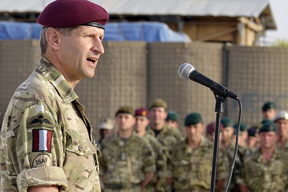 Brigadier James Chiswell addresses British troops as 16 Air Assault Brigade hands over to 3 Commando Brigade in Lashkar Gah 