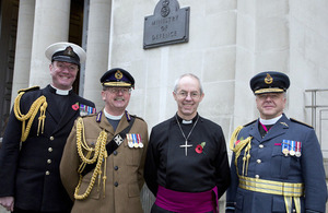 The service chaplains with the Archbishop of Canterbury outside MOD Main Building [Picture: Petty Officer (Photographer) Derek Wade, Crown copyright]