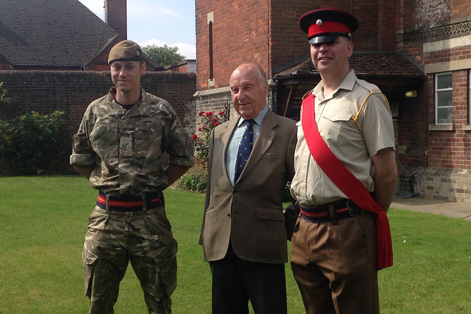 Lance Corporal Lewis Treloar MBE, Mr Riggs and Colour Sergeant Naylor at Royal Anglian Headquarters
