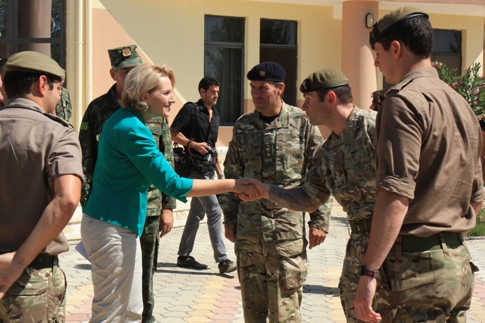 WG C/Sgt Matthew John Davies introduces himself to the Albanian Minister of Defence Mrs Mimi Kodheli in the presence of UK Defence Attaché accredited in Albania Lt Col Richard Parry.