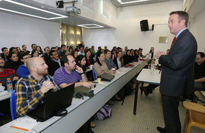 British Ambassador to Israel David Quarrey speaking to students at Bar Ilan University