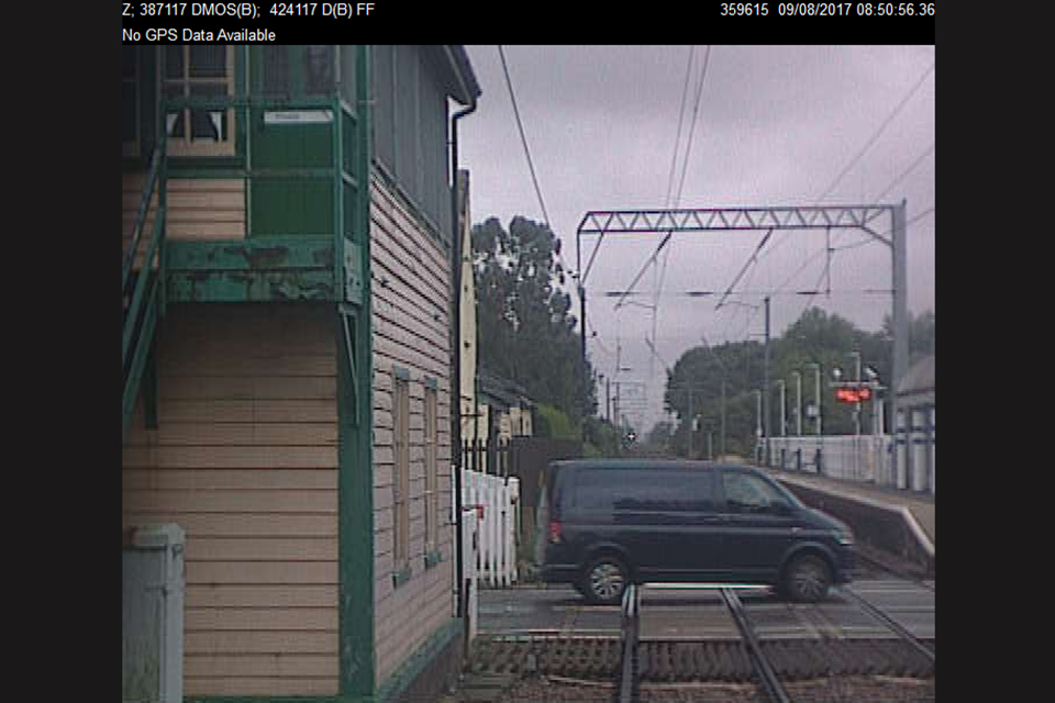 CCTV footage – a dark blue van is crossing the railway while the train was waiting in platform (courtesy of Govia Thameslink Railway)
