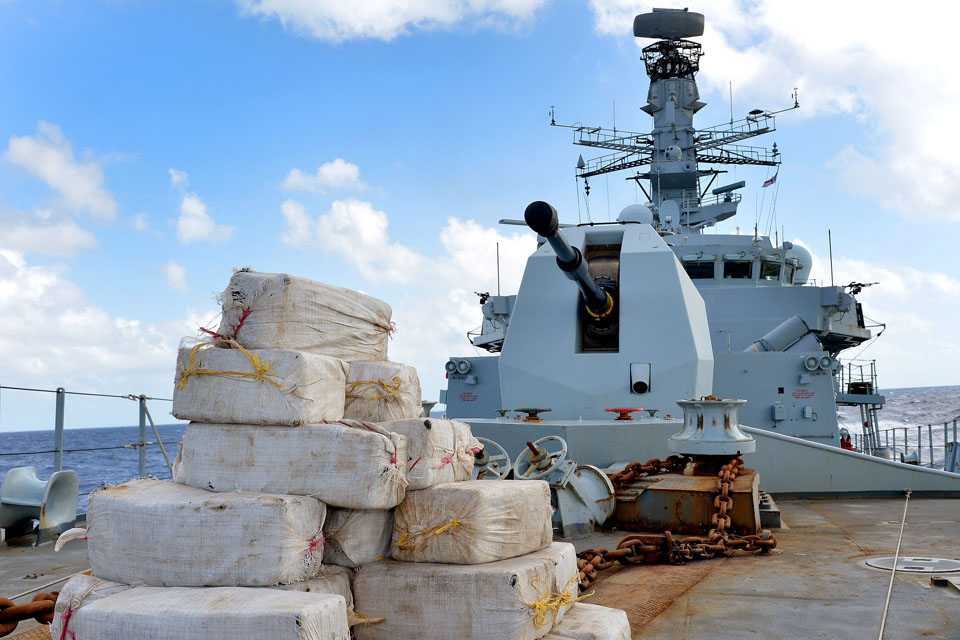 HMS Argyll with 850 Kg of cocaine on board, seized whilst on Counter Narcotics Operations in the Caribbean region.