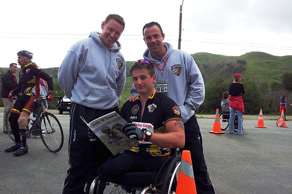 Royal Marines (left to right) Marine Earl James, Marine Joe Townsend and Corporal John Davis during Wounded Warrior trials held at Camp Pendleton in San Diego, USA, in March 2012 