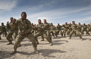 Tongan troops from the 3rd Contingent of the Tonga Defence Services perform the Sipi Tau war challenge for the Tongan Prime Minister to welcome him to Camp Bastion