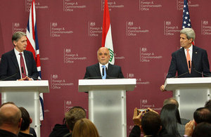 Foreign Secretary Philip Hammond, Haider Al-Abadi, Prime Minister of Iraq and US Secretary of State John Kerry speak to the media following the Counter-ISIL Coalition Small Group Meeting in London, 22 January 2015.