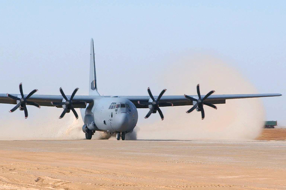A C-130 aircraft lands at Camp Bastion