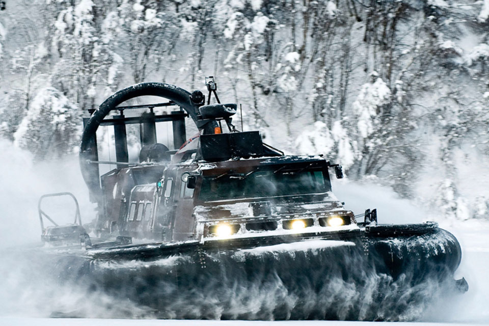 An LCAC (Landing Craft Air Cushion) of 539 Assault Squadron Royal Marines during cold weather training in Norway