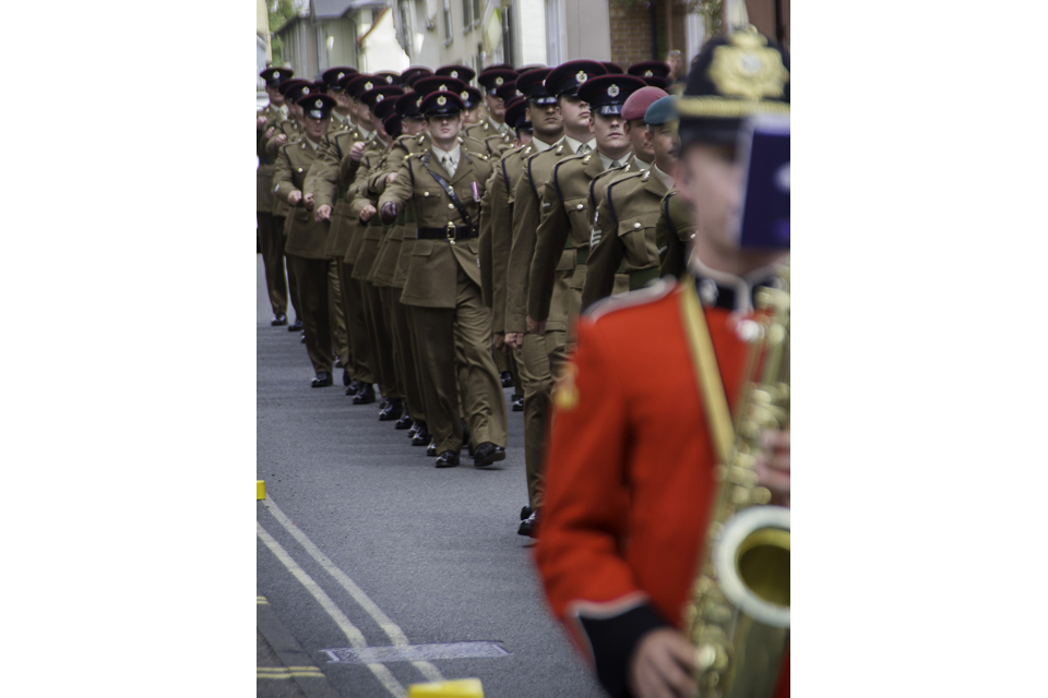 Soldiers parade through the streets of Saffron Walden